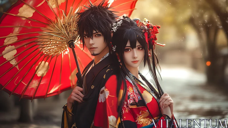 Gentle autumn promenade with kimono couple and red parasol.