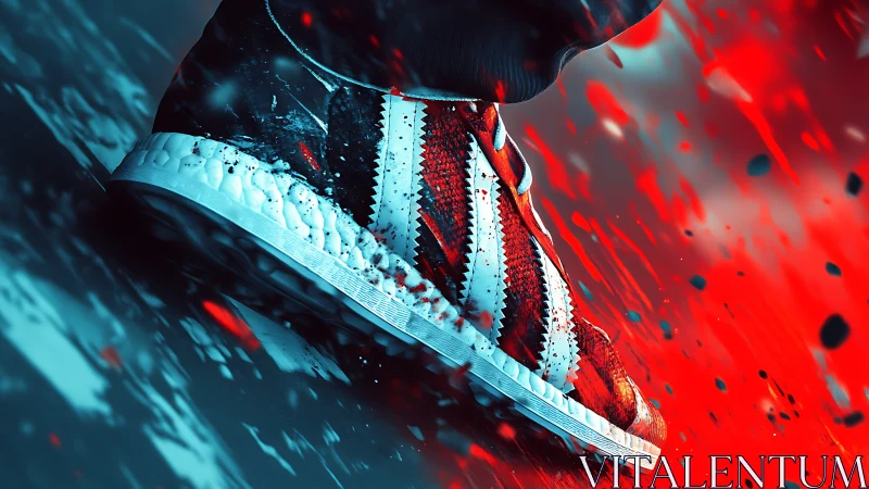 Dynamic red sneaker in motion with cyan high-speed streaks.