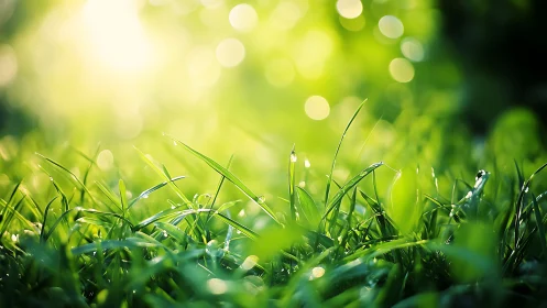 Morning sunlight washes dewy green grass in soft, serene glow