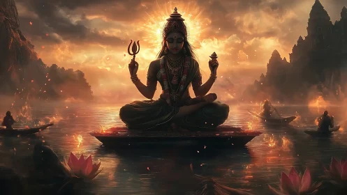 Radiant river goddess meditates above glowing lotus waters