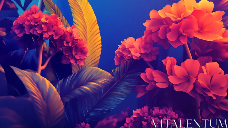 Luminous tropical blooms glowing against a deep blue hush.
