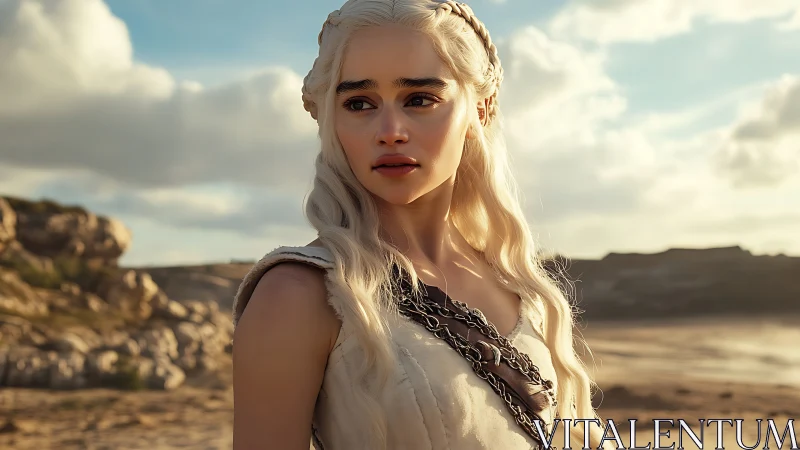 Silver-haired warrior stands on windlit coastal dunes.