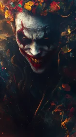 Enigmatic clown in fiery florals and swirling shadows.