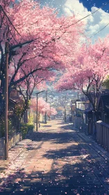 Cherry blossom street drifts into a sunlit pastel dream.