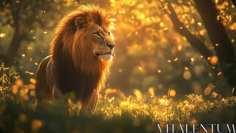 Golden sunlight wraps a majestic lion in peaceful forest glow