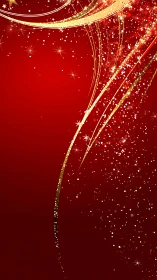 Red gradient background shows curved golden glitter streaks