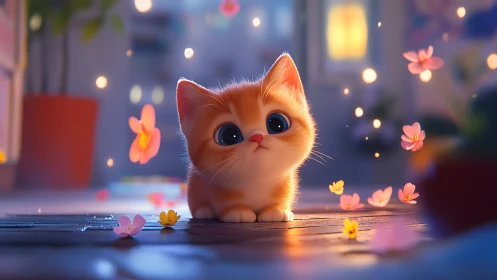 Orange Kitten Surrounded by Luminescent Flowers in Evening Ambiance