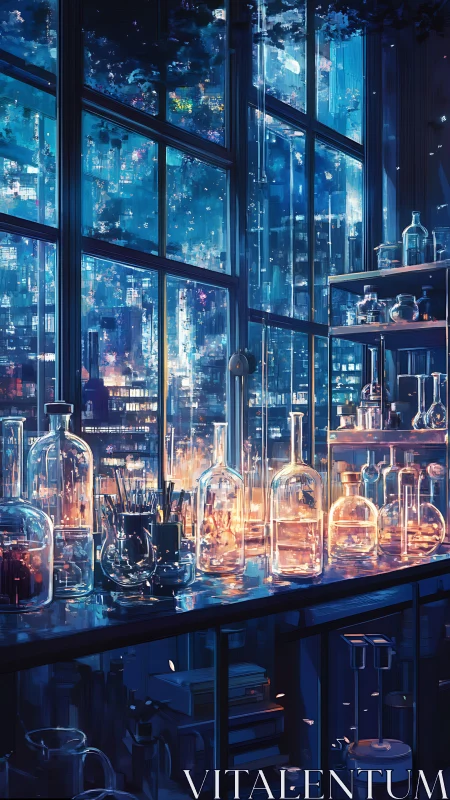 Laboratory glassware reflects neon city lights through windows