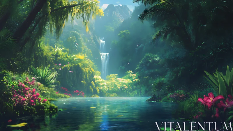 Lush bioluminescent jungle canyon with tiered waterfall lighting