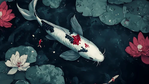Graceful koi drifts beneath lotus blooms in tranquil dusk pond