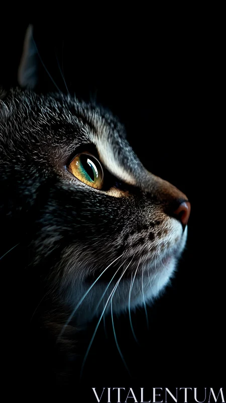 Black Cat Portrait with Golden Eyes Against Dark Background.
