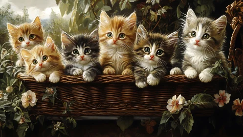 Five Kittens on Wooden Branch in Garden Setting.
