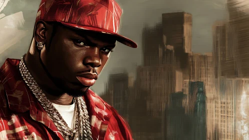 Digital portrait of man in red cap before city skyline.