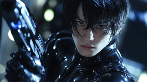 Midnight cyber sentinel with neon-lit resolve in chrome armor.