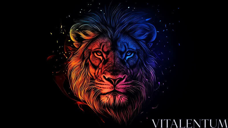 Neon dual-tone lion portrait on black digital canvas.