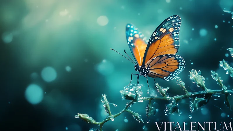 Photorealistic monarch butterfly on dewy branch in bokeh field.