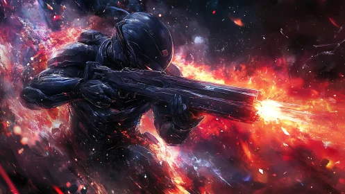 Armored soldier engages with rifle amid explosive energy field