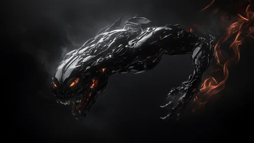 Metallic beast form emerges from darkness with ember highlights