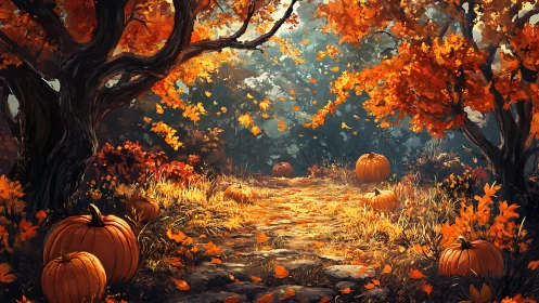 Pumpkins quietly guard a golden leaf lit autumn forest path