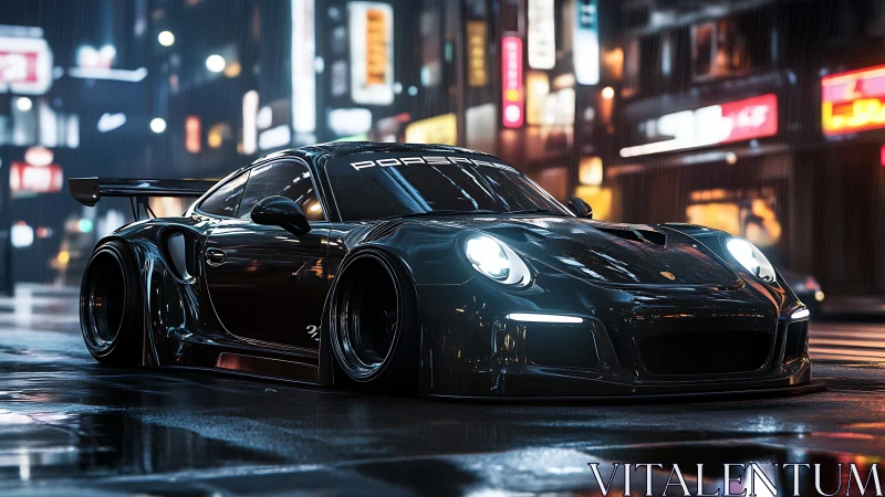 Widebody GT street racer in neon‑lit wet urban corridor.