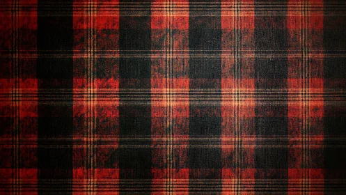 Red black tartan fabric texture with worn vintage finish.