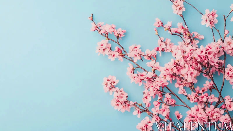 Cherry blossom branches with densely clustered pink flowers arranged against pale cyan background
