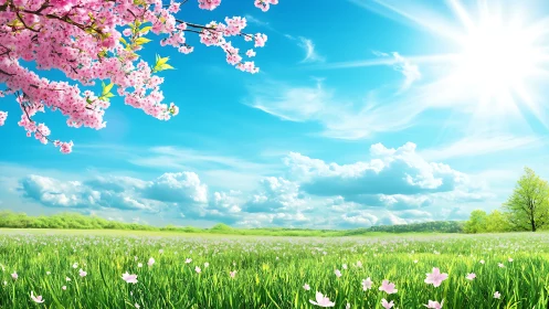 Blossoming tree over green meadow under clear daylight sky.