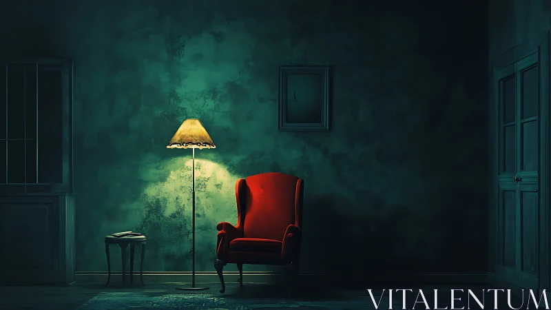 Red armchair and floor lamp in dim moody interior.