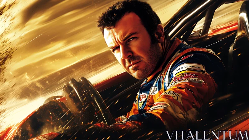 Blazing race driver locked in a storm of golden speed.