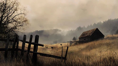Quiet barn on a misty hillside wrapped in golden grass.