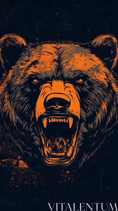 Stylized orange bear head with open jaws on dark ground.
