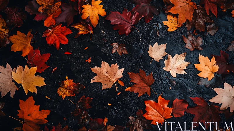 Wet pavement carries vivid scattered maple leaves in autumn