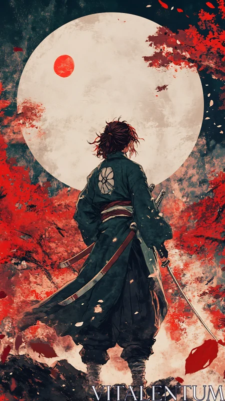 Samurai figure stands before full moon and red foliage