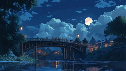 Moonlit riverside bridge under a quietly glowing summer sky.