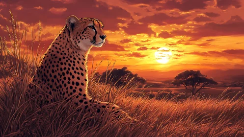 Cheetah Portrait at Savanna Sunset with Golden Hour Backlighting and Acacia Landscape