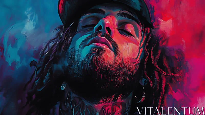 Neon dreamer in electric blue and crimson calm.