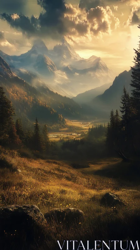 Cinematic alpine valley in golden-hour atmospheric depth.