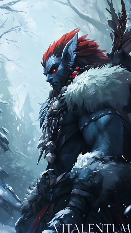 Stoic frost warrior standing watch in a silent winter forest.
