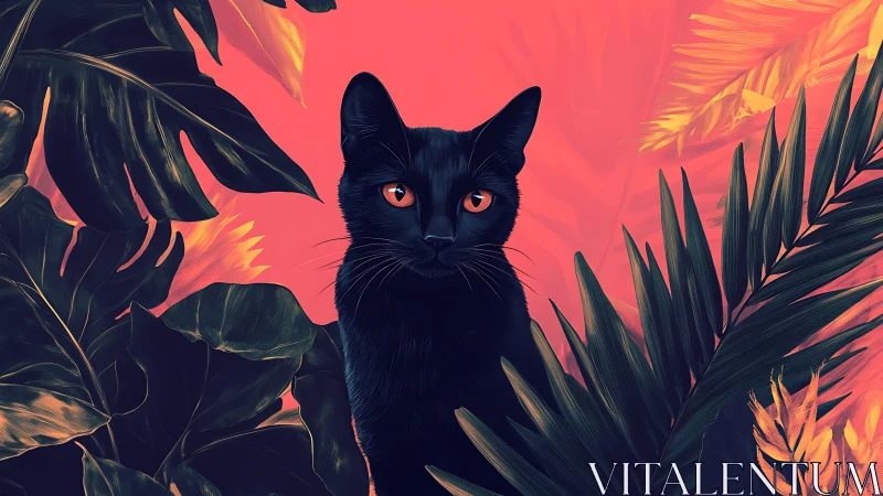 Black Cat with Glowing Eyes in Neon Jungle.