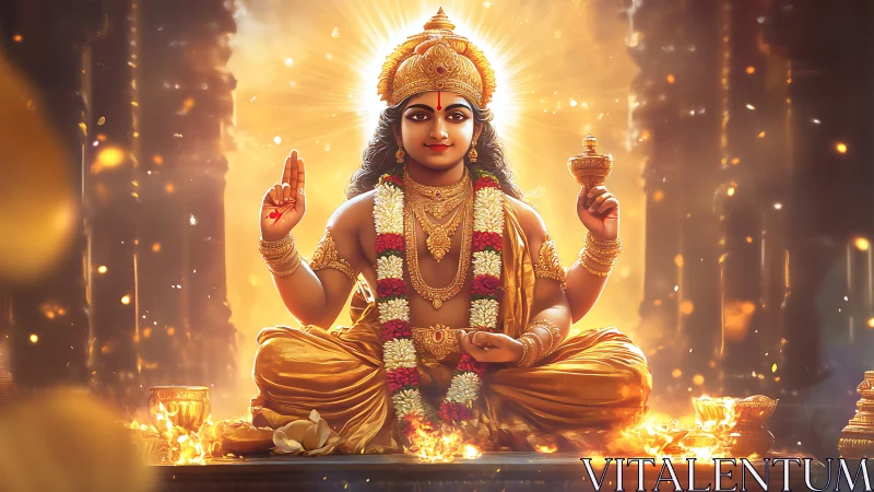 Golden goddess of serenity crowned in temple firelight.