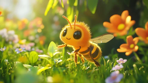 Sunlit garden wanderings of a bright-eyed baby bee.