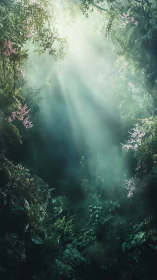 Gentle sunbeams pouring into a quiet enchanted forest glade.