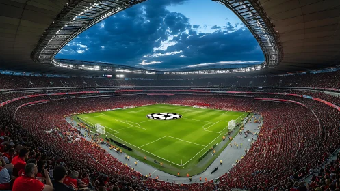 Electric soccer stadium glows under a dramatic evening sky