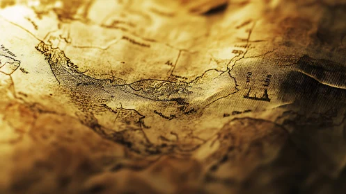 Aged nautical parchment map rendered with shallow depth field lighting