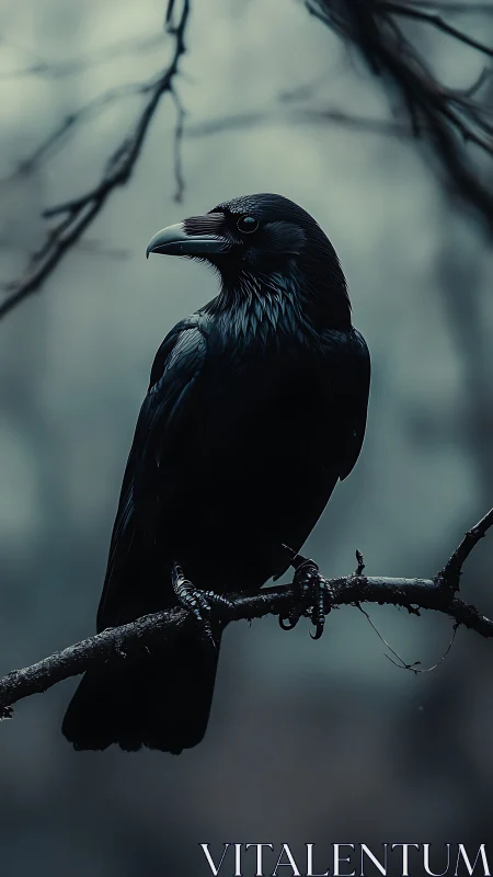 Solitary Raven Perched on Weathered Branch in Mist.