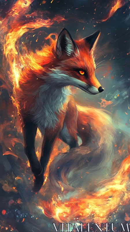 Fiery spirit fox strides through swirling embers and night