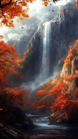 Autumn mountain waterfall amid blazing crimson forest gorge.