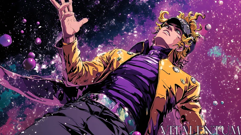 Starlit drifter leans into a violet cosmic freefall