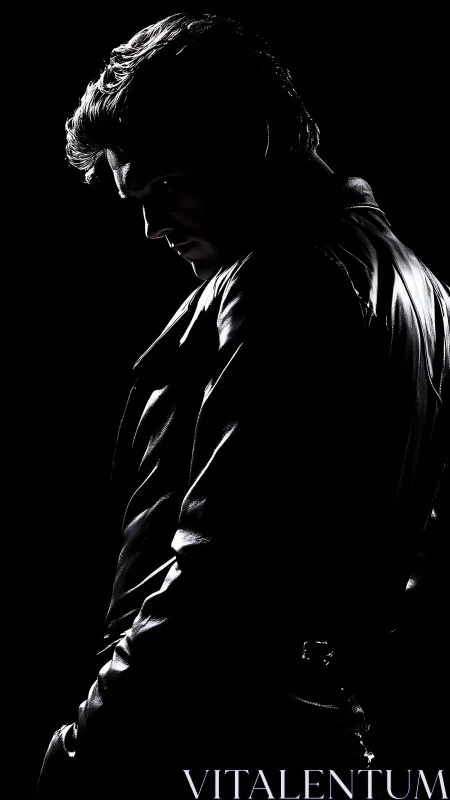 Brooding leather-clad silhouette in dramatic side light.