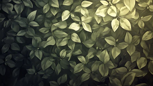 Overlapping foliage pattern in muted green and yellow tones.